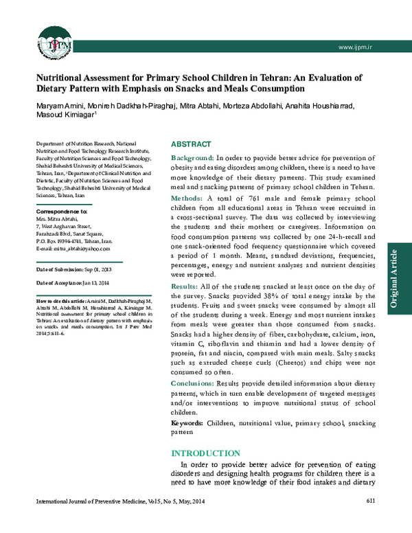 (PDF) Nutritional assessment for primary school children in tehran: an ...
