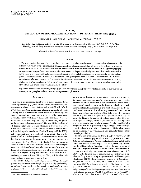 (PDF) Regulation of morphogenesis in plant tissue culture by ethylene