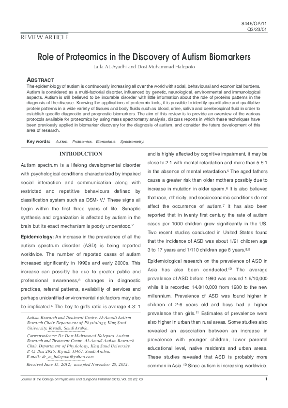 (PDF) Role of proteomics in the discovery of autism biomarkers