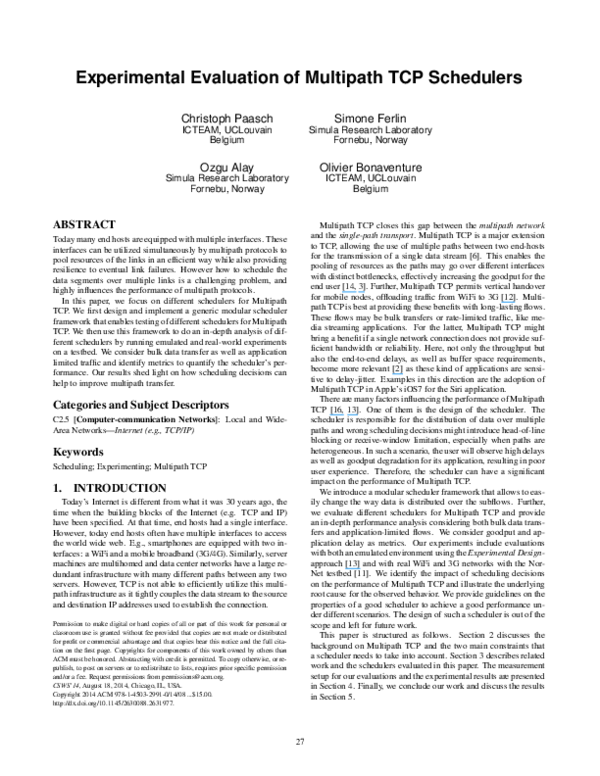 (PDF) Experimental evaluation of multipath TCP schedulers