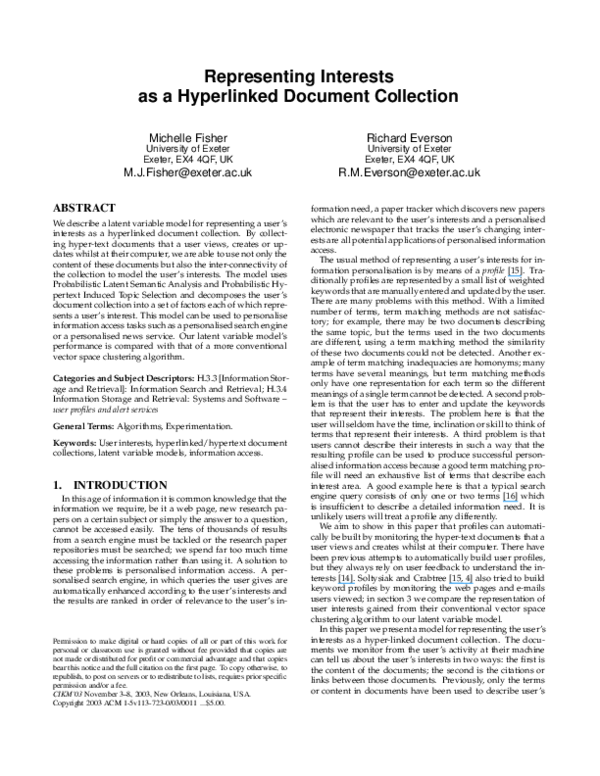 (PDF) Representing interests as a hyperlinked document collection