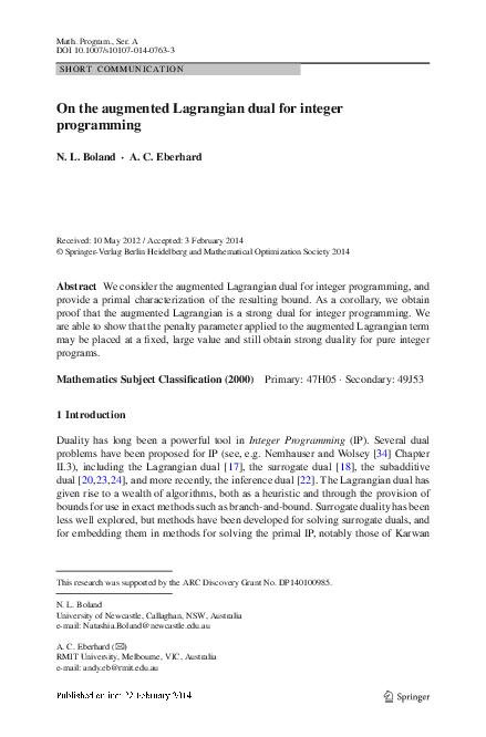 (PDF) On the augmented Lagrangian dual for integer programming