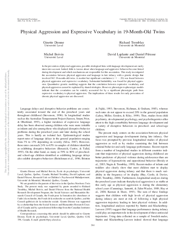 (PDF) Physical aggression and expressive vocabulary in 19-month-old twins