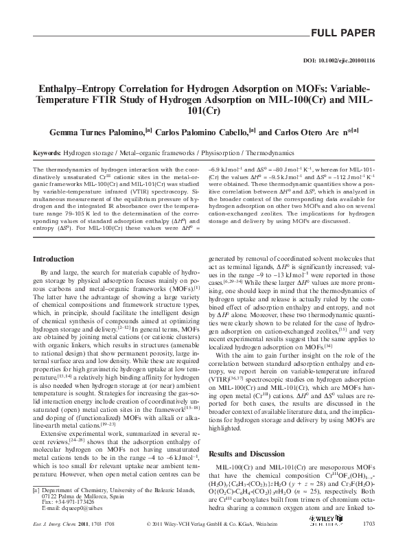 (PDF) Enthalpy Entropy correlation for H2 adsorption on MOFs