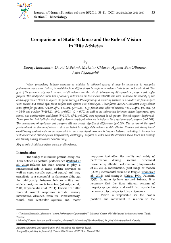 (PDF) Comparison of Static Balance and the Role of Vision in Elite Athletes