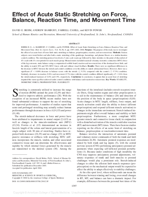 (PDF) Effect of Acute Static Stretching on Force, Balance, Reaction ...
