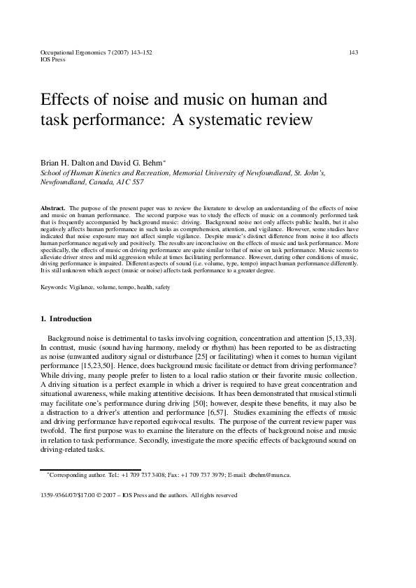 (PDF) Effects of noise and music on human and task performance A systematic review Brian