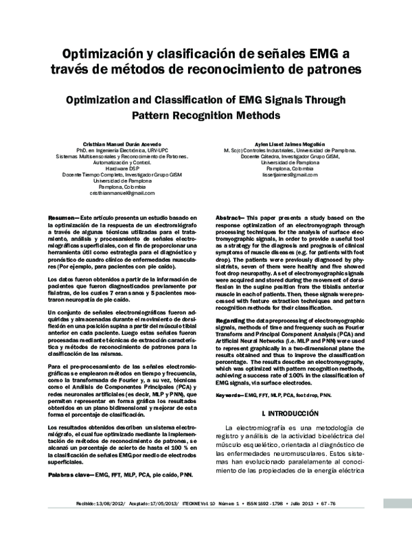 (PDF) Optimization and Classification of EMG Signals Through Pattern ...