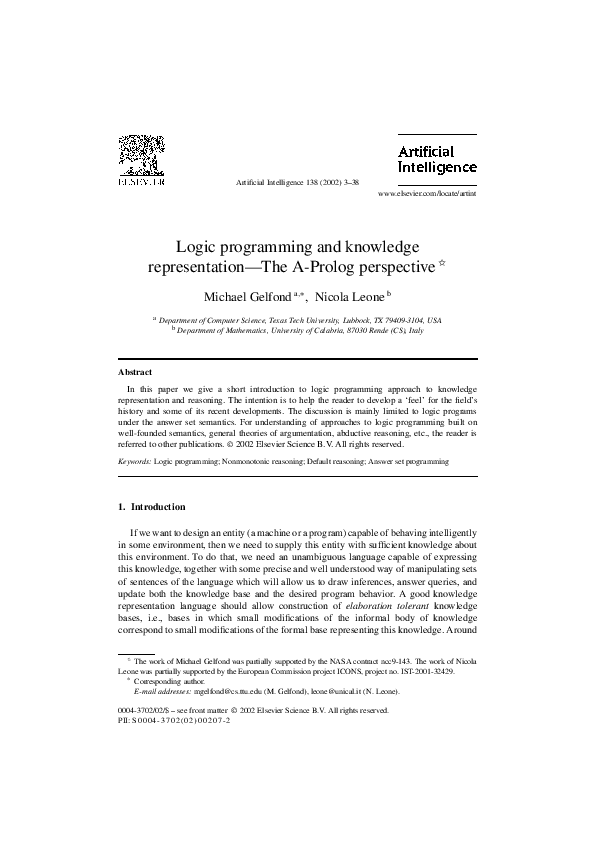 (PDF) Logic programming and knowledge representation—The A-Prolog ...