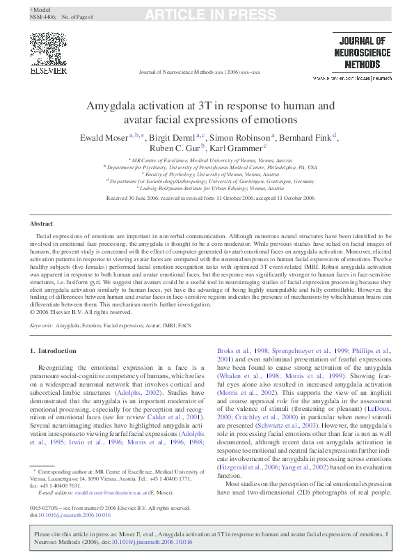 (PDF) Amygdala activation at 3T in response to human and avatar facial ...
