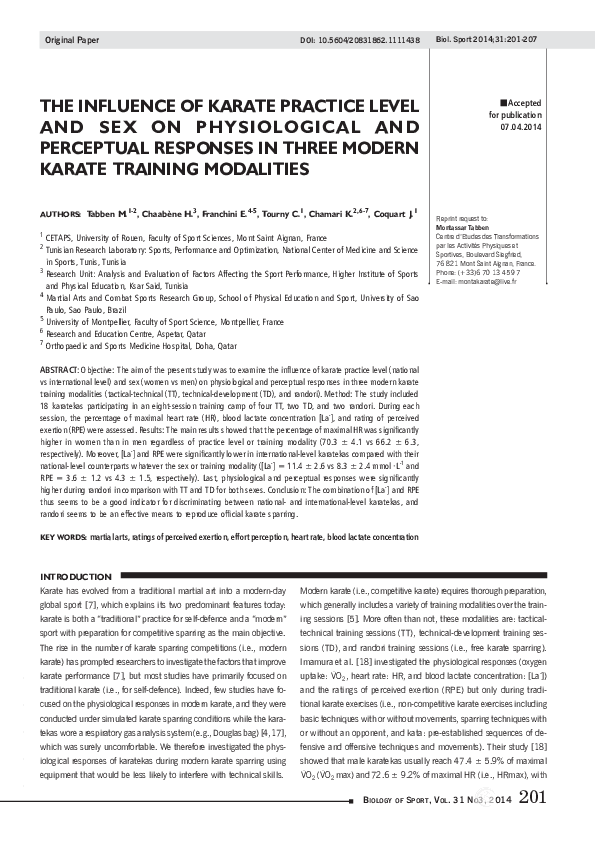 (PDF) THE INFLUENCE OF KARATE PRACTICE LEVEL AND SEX ON PHYSIOLOGICAL ...