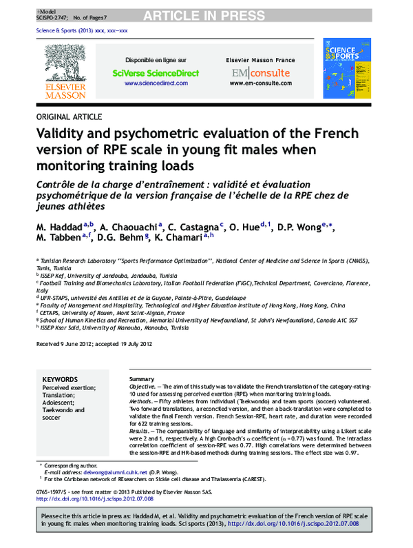 (PDF) Validity and psychometric evaluation of the French version of RPE ...