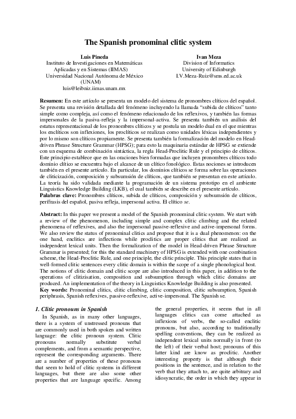 (PDF) The Spanish pronominal clitic system