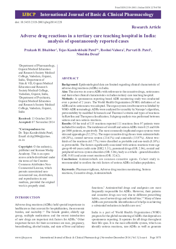 (PDF) Adverse drug reactions in a tertiary care teaching hospital in ...