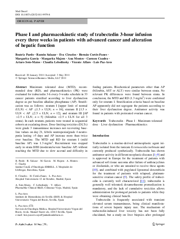 (PDF) Phase I and pharmacokinetic study of trabectedin 3-hour infusion ...