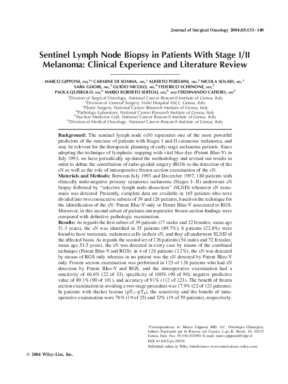 (PDF) Sentinel lymph node biopsy in patients with Stage I/II melanoma ...