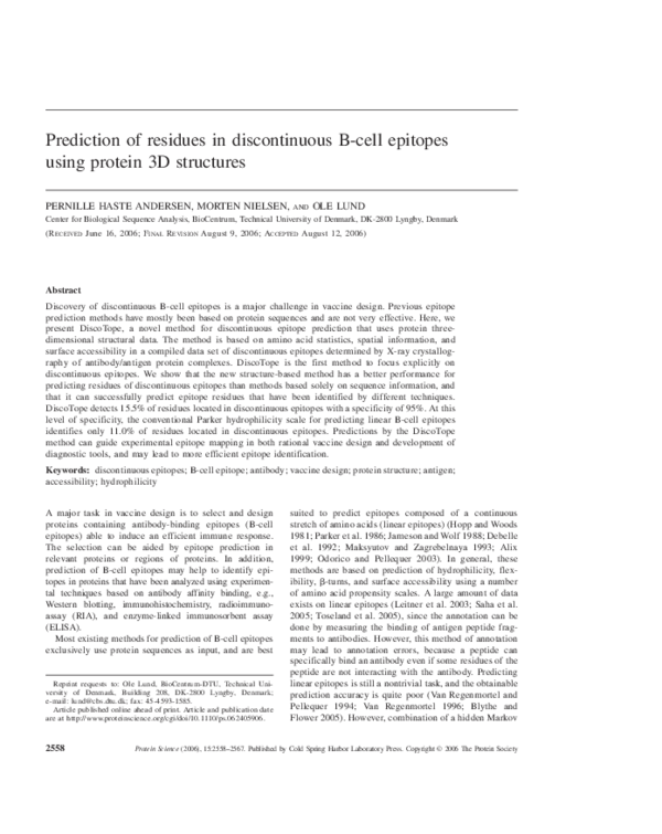 (PDF) Prediction of residues in discontinuous B-cell epitopes using ...