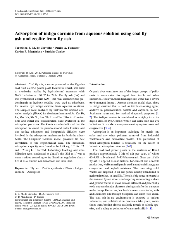 (PDF) Adsorption of indigo carmine from aqueous solution using coal fly ...