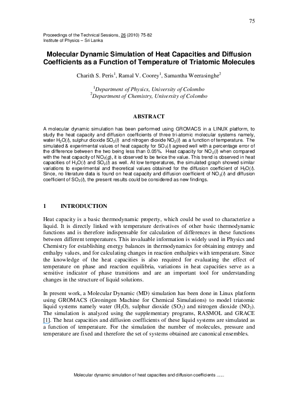 (PDF) Molecular dynamic simulation of heat capacities and diffusion ...