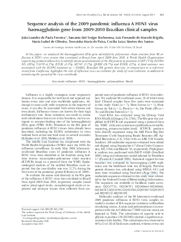 (PDF) Sequence analysis of the 2009 pandemic influenza A H1N1 virus ...