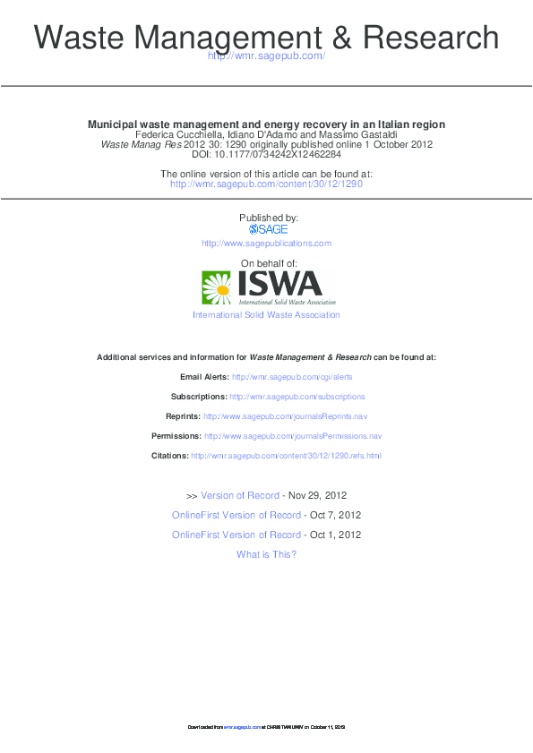 (PDF) Municipal waste management and energy recovery in an Italian region