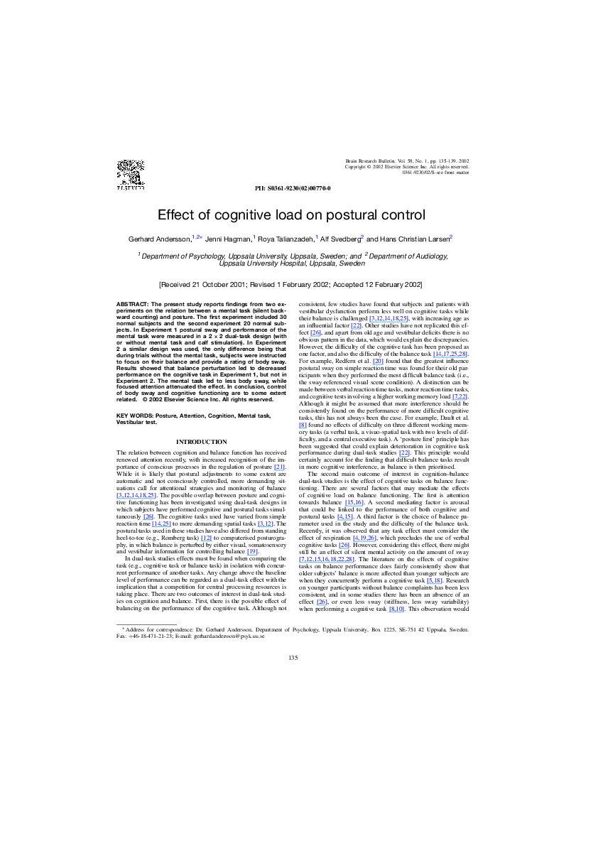 (PDF) Effect of cognitive load on postural control