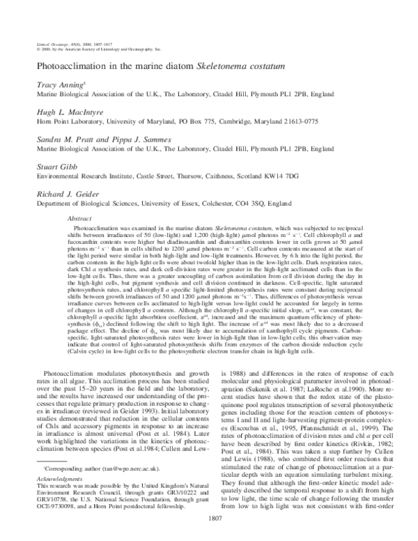 (PDF) Photoacclimation in the marine diatom Skeletonema costatum