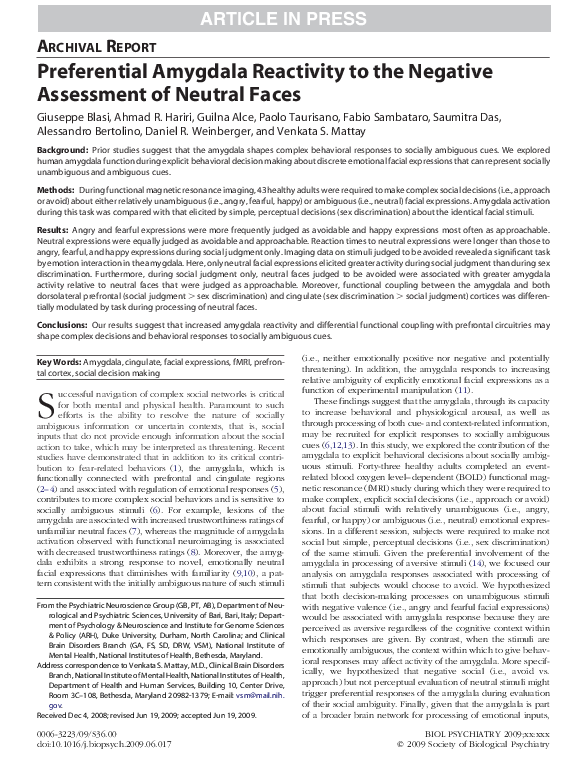 (PDF) Preferential Amygdala Reactivity to the Negative Assessment of ...