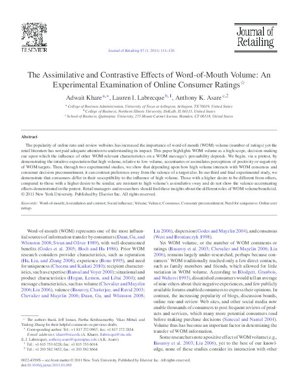 (PDF) The Assimilative and Contrastive Effects of WordofMouth Volume