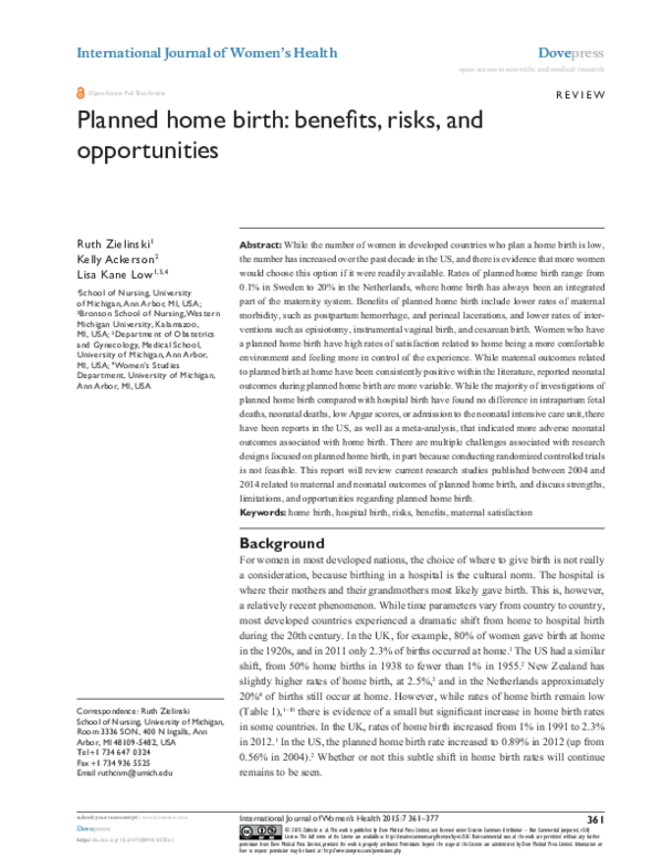 (PDF) Planned home birth: benefits, risks, and opportunities
