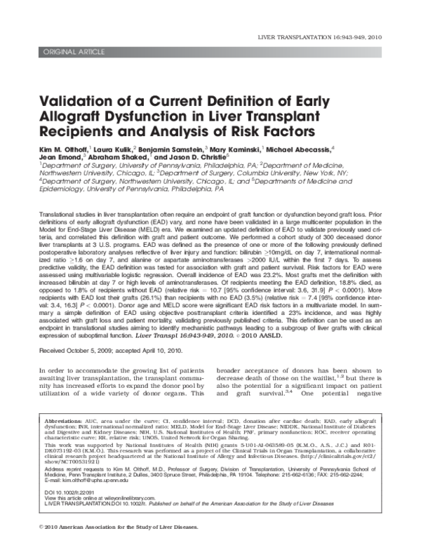 (PDF) Validation of a current definition of early allograft dysfunction