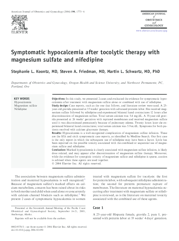 (PDF) Symptomatic hypocalcemia after tocolytic therapy with magnesium