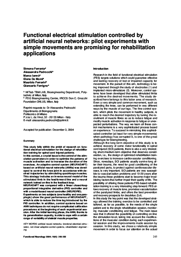 (PDF) Functional electrical stimulation controlled by artificial neural ...