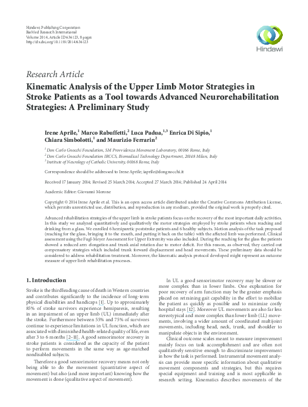 (PDF) Kinematic Analysis of the Upper Limb Motor Strategies in Stroke ...