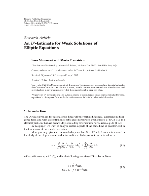 (PDF) An 𝐿𝑝-Estimate for Weak Solutions of Elliptic Equations