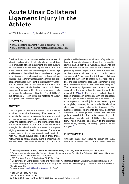 (PDF) Acute Ulnar Collateral Ligament Injury in the Athlete