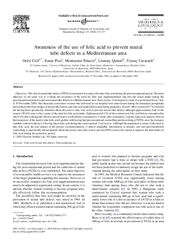 (PDF) Awareness of the use of folic acid to prevent neural tube defects ...