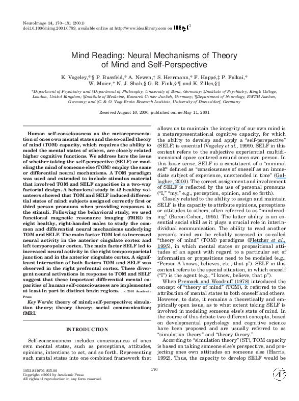 (PDF) Theory of mind and self perspective in the human brain — a fMRI study