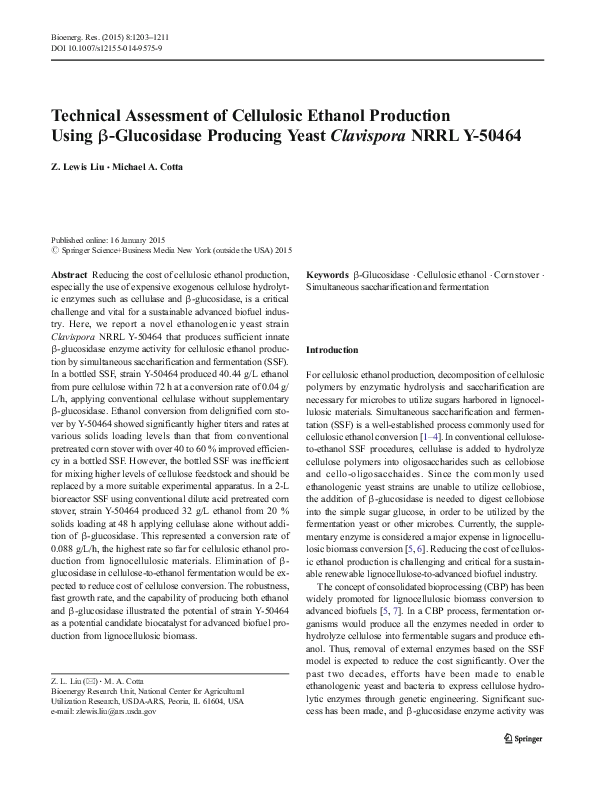 (PDF) Technical Assessment of Cellulosic Ethanol Production Using β ...