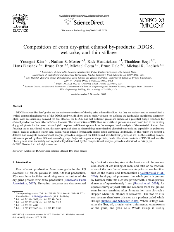 (PDF) Composition of corn drygrind ethanol byproducts DDGS, wet cake