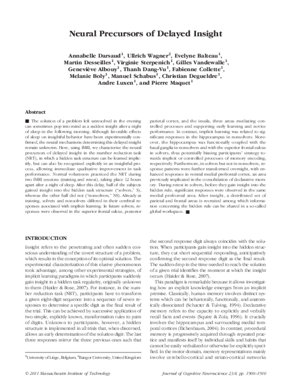 (PDF) Neural Precursors of Delayed Insight