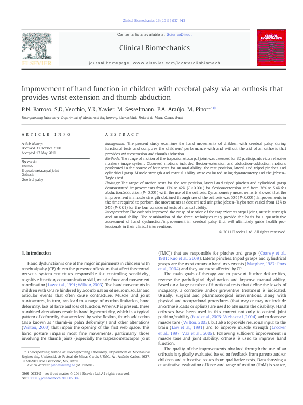(PDF) Improvement of hand function in children with cerebral palsy via ...