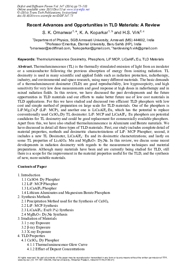 (PDF) Recent Advances and Opportunities in TLD Materials: A Review