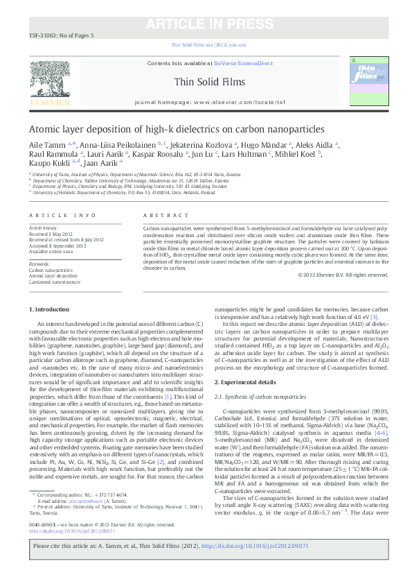 (PDF) Atomic layer deposition of high-k dielectrics on carbon nanoparticles