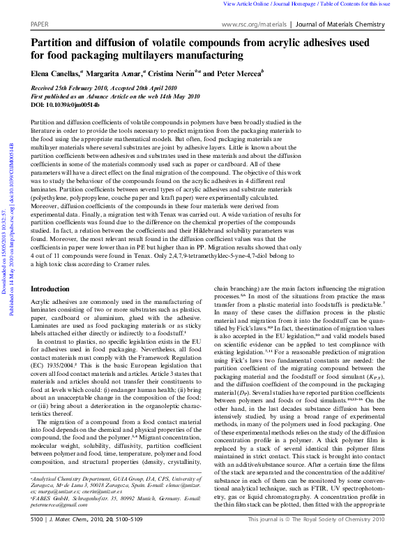 (PDF) Partition and diffusion of volatile compounds from acrylic