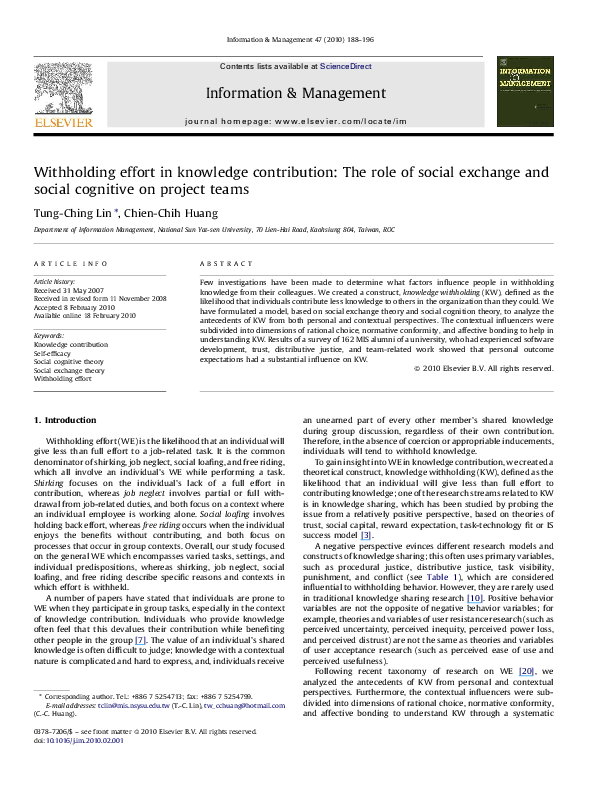 (PDF) Withholding effort in knowledge contribution: The role of social ...