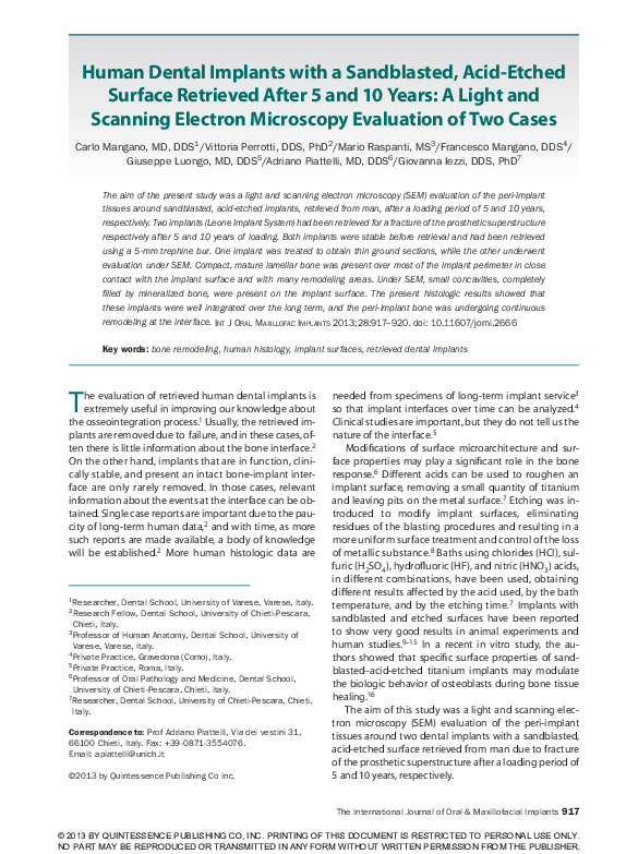 (PDF) uman Dental Implants with a Sandblasted, AcidEtched Surface