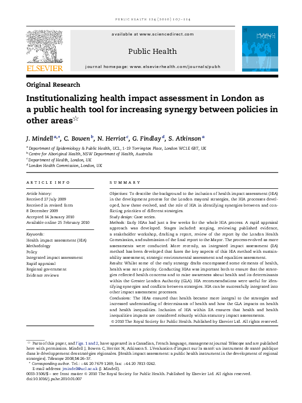 (PDF) Institutionalizing health impact assessment in London as a public ...