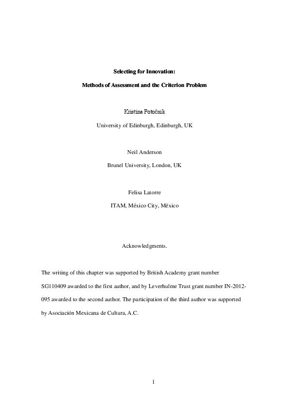 (PDF) Selecting for Innovation: Methods of Assessment and the Criterion ...