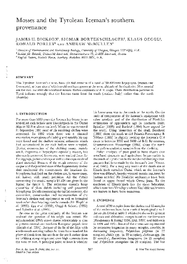 (PDF) Mosses and the Tyrolean Iceman's Southern Provenance